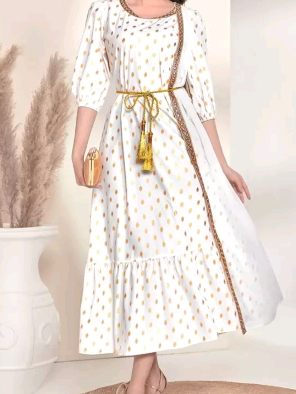 Elegant Modest White & Gold Polka Dot Dress with Tassel Belt